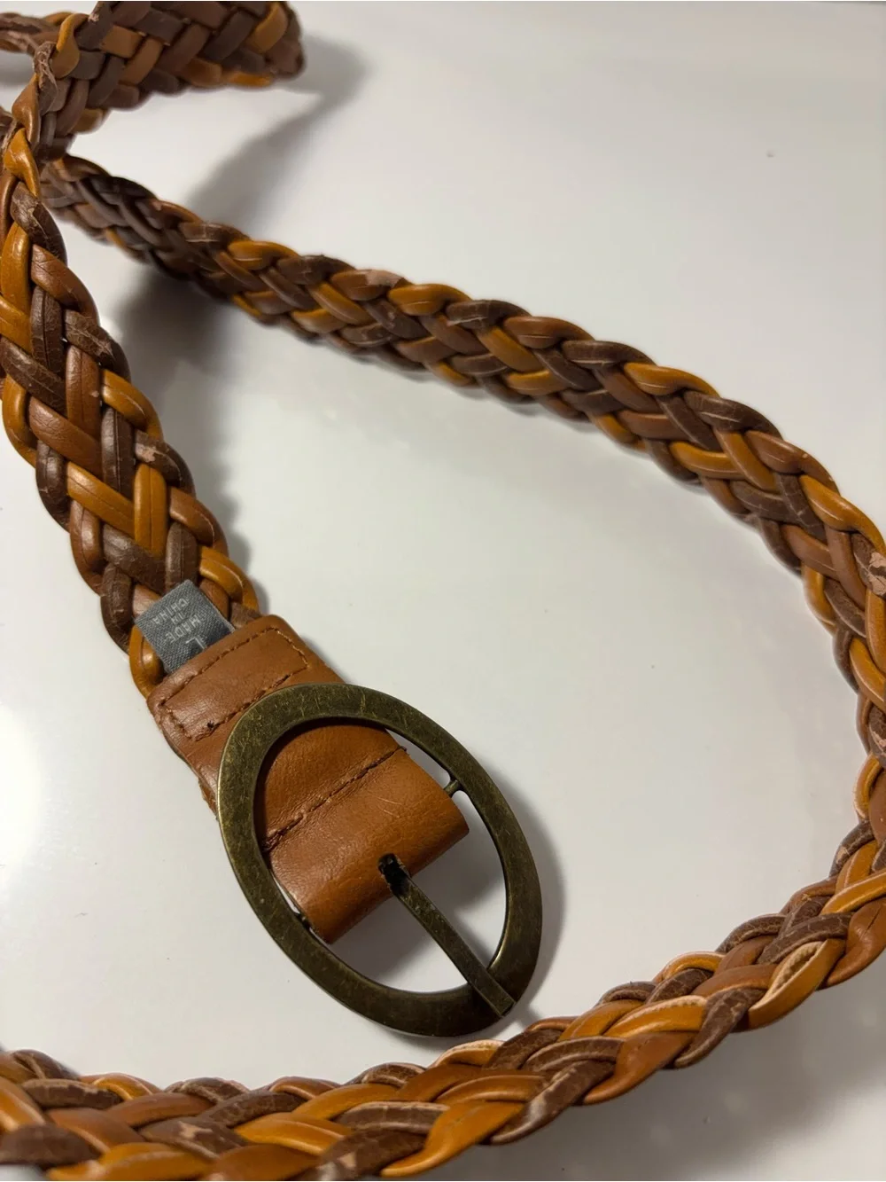Brown Two Tone Braided Woven Belt Size L Oval Metal Buckle